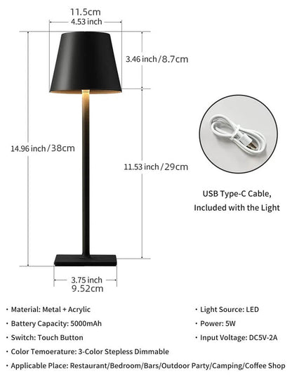 Lámpara LED de Mesa Portátil Táctil Recargable - Vintage, para Restaurante, Dormitorio, Bar y Cafetería